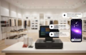 Clothing store with a smartphone displaying loyalty program notifications and reward points.